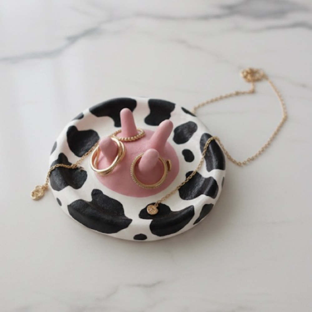 Cow Print Trinket Dish w/ Ring Holder – Handmade – Size 4.5in